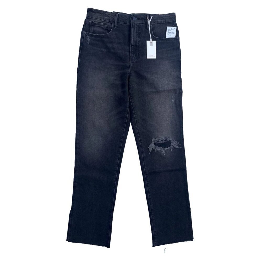 Good American Good Boy Straight Leg Jeans Black Distressed Knee Size 2 - Picture 1 of 16